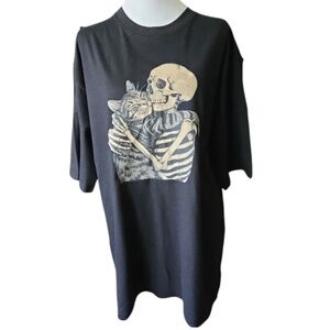 Black T-Shirt with Hugging Skeleton and Cat Graphic
